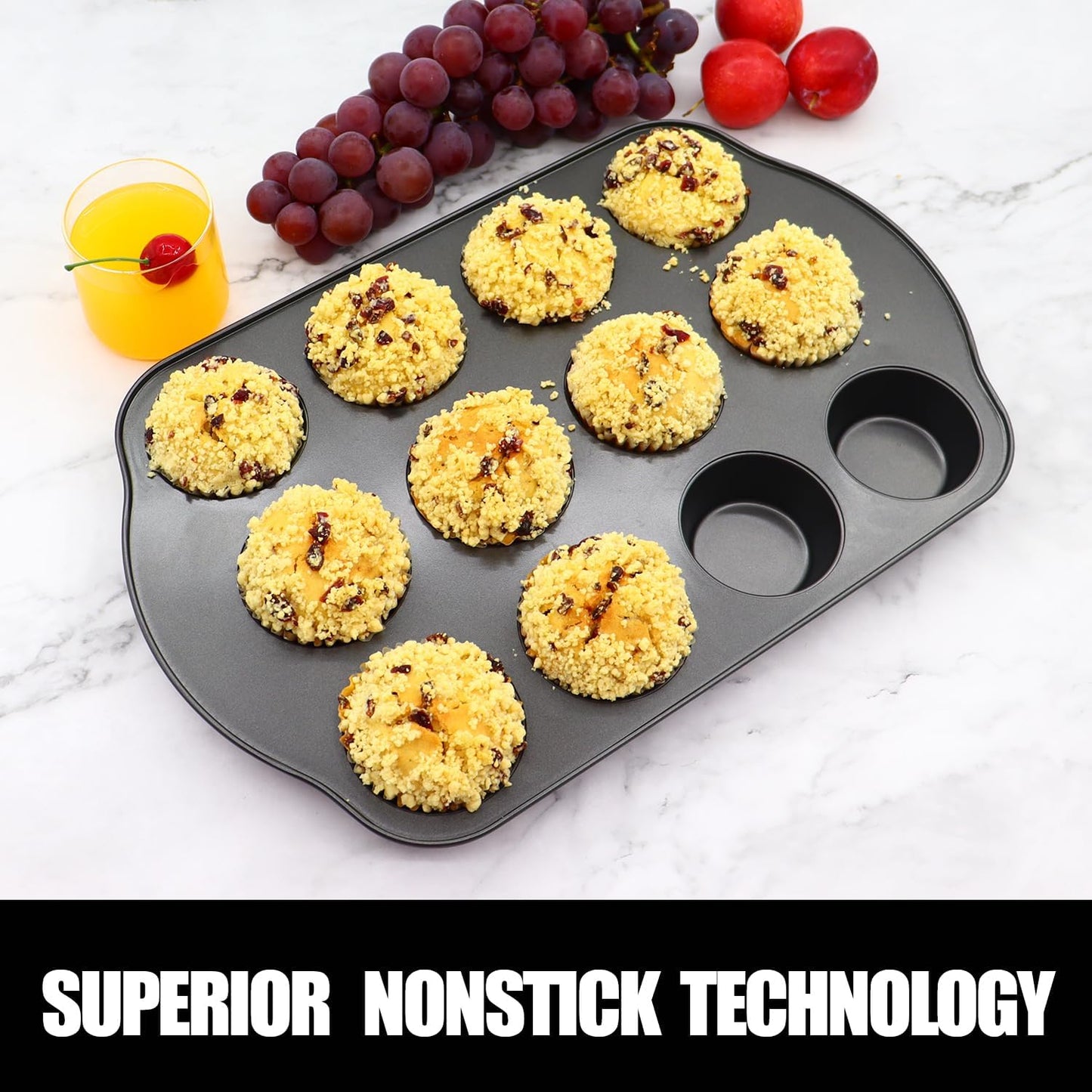 12+24 Muffin Pan Set (2 Pack) - Nonstick Cupcake Tins Dark Gray | Heavy Duty Carbon Steel, Rustproof, Oven Safe Baking Gift