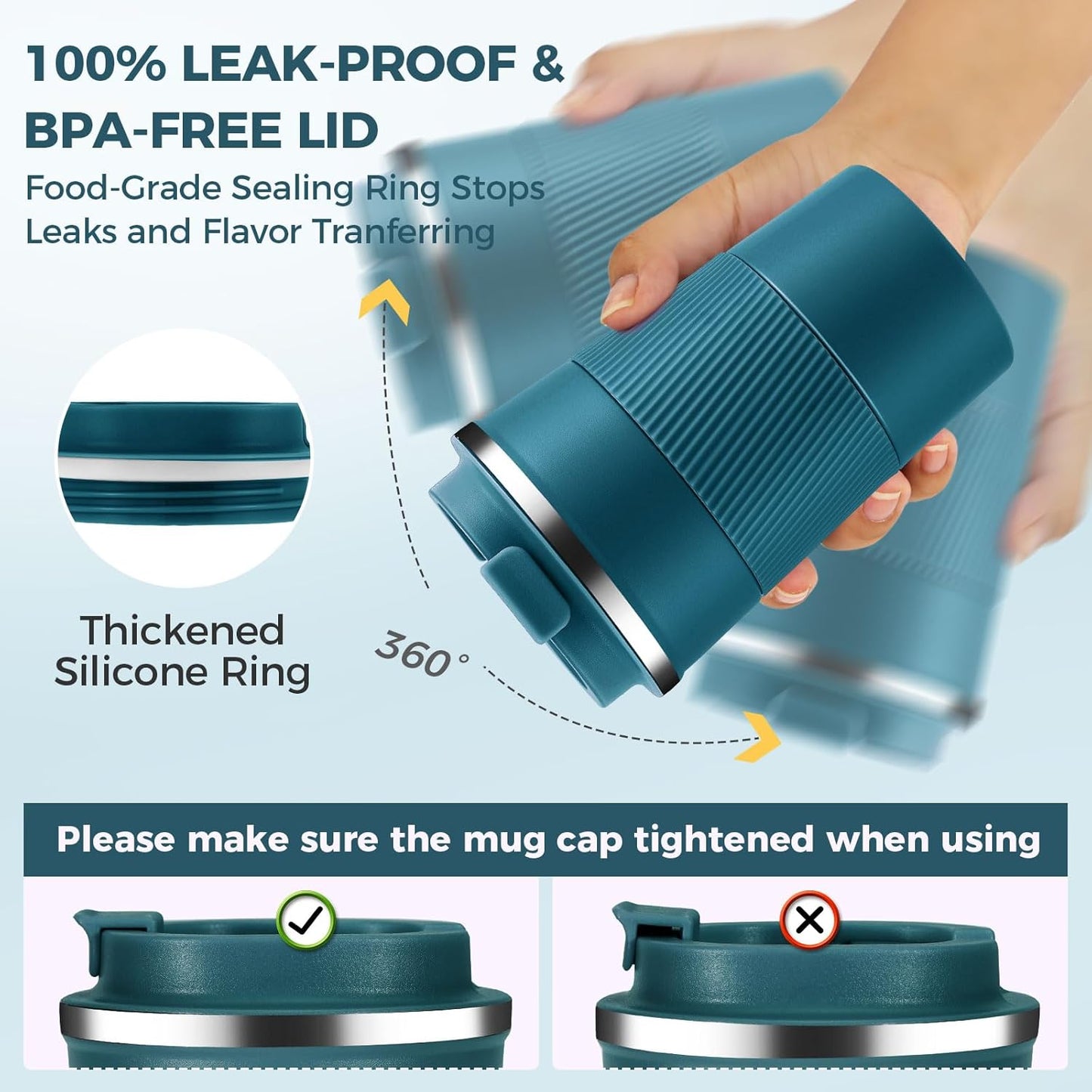 Volhoply 13 oz Stainless Steel Insulated Travel Coffee Mug with Fip Lid Bulk 4 Pack,Reusable Double Wall Vacuum Metal Coffee Cup,Portable Leak Proof Thermal Tumbler for Hot & Cold Drinks(Bule,4)