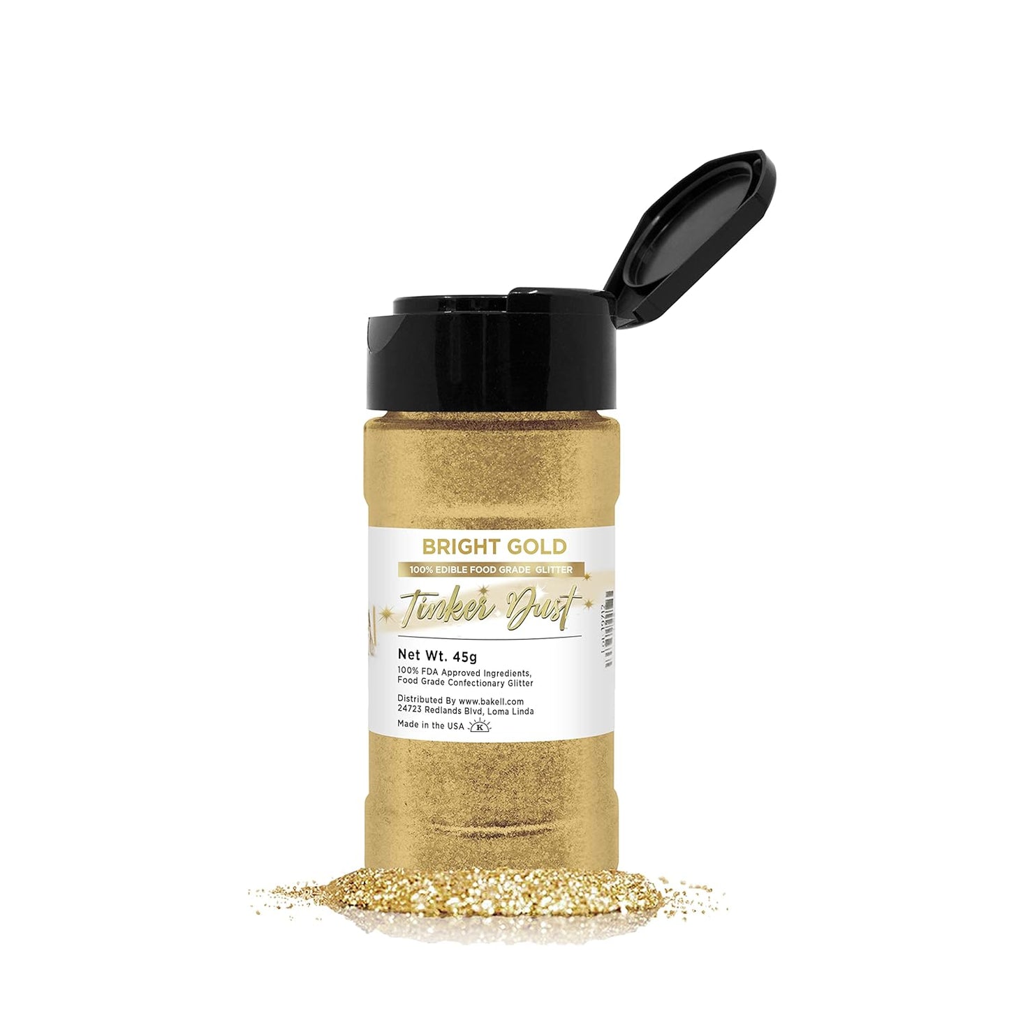 Bright Gold BAKELL Edible Glitter, 45 Grams | TINKER DUST Edible Glitter | KOSHER Certified | 100% Edible Glitter | Cakes, Cupcakes, Cake Pops, Drinks, Dessert Vegan Glitter & Dusts (45g Shaker, Bright Gold)