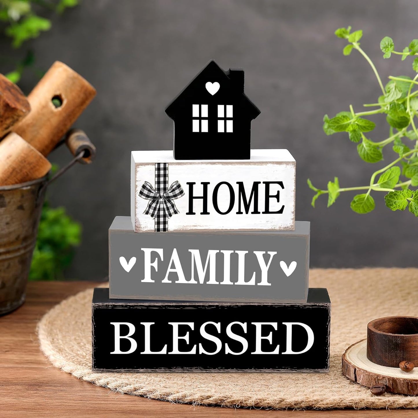 Rustic Farmhouse Table Decor Blessed Signs for Home Decor Neutral Home Family Wood Sign Black and White Modern Tabletop Centerpiece for Kitchen Shelf Desk Tiered Tray Decoration