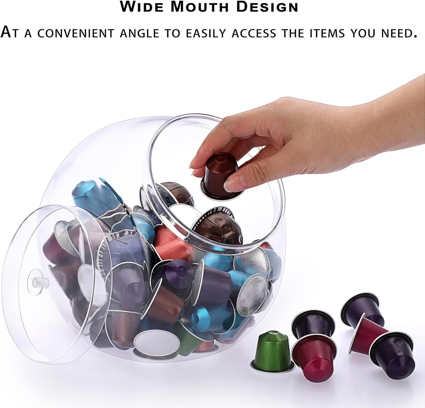 ELLDOO Clear Slanted Plastic Storage Jar with Lid, 80 Oz Wide Mouth Laundry Pods Container, Coffee Pods Holder for Nespresso K Cup, Candy Cookie Jars for Coffee Bar Kitchen Breakroom