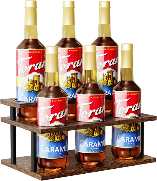 KLM Coffee Syrup Organizer, 2 Tier Wooden Small Display Shelf (6 Bottle Capacity),Syrup Bottle Sturdy Holder for Coffee Bar, Kitchen Countertop Syrups, Condiments and Wine