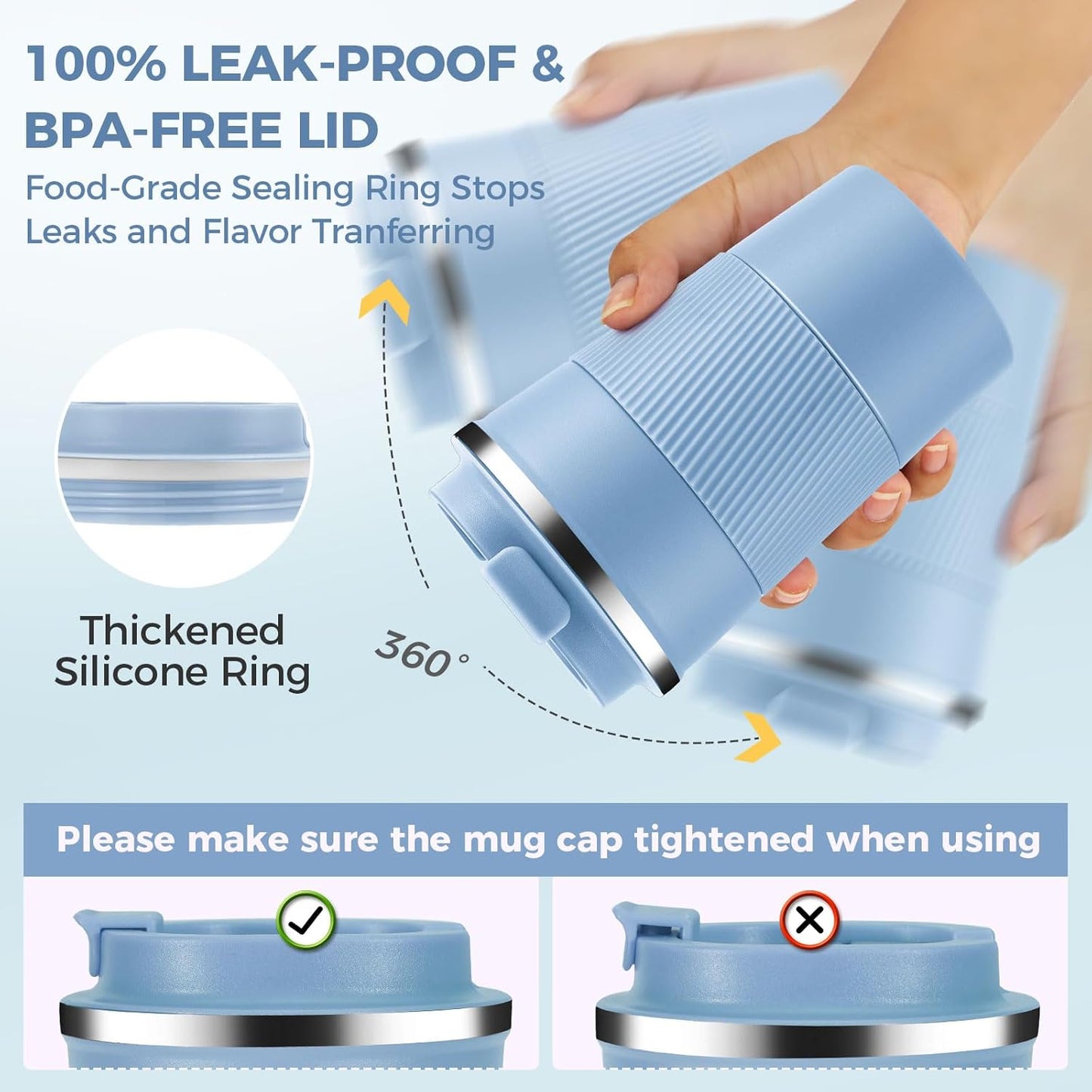 Volhoply 13 oz Stainless Steel Insulated Travel Coffee Mug with Fip Lid Bulk 4 Pack,Reusable Double Wall Vacuum Metal Coffee Cup,Portable Leak Proof Thermal Tumbler for Hot & Cold Drinks(Fog,4)