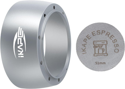 IKAPE Magnetic Dosing Funnel Set, 51MM Espresso Dosing Ring & Puck Screen Kit Compatible with Delonghi 51MM Bottomless Portafilter - with 8 Small Magnet (Silver)