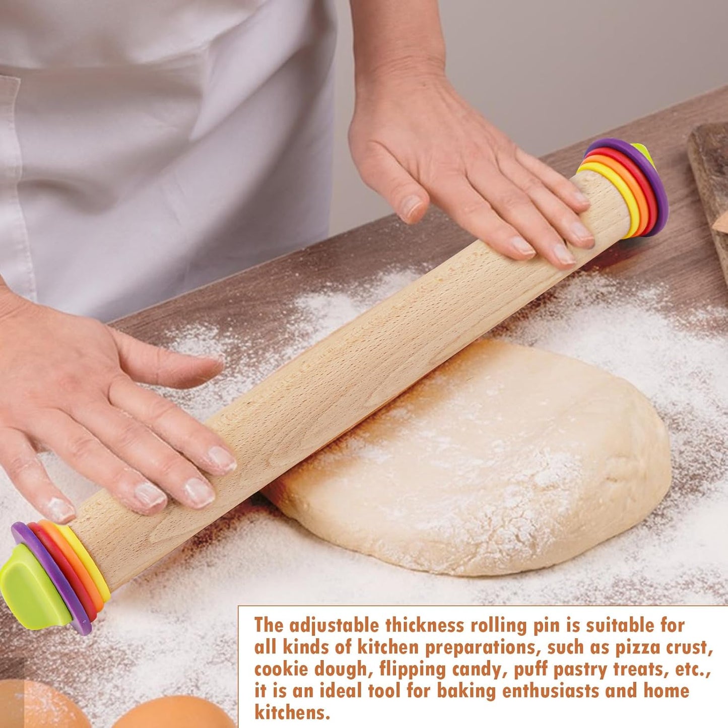 17Inch Wooden Rolling Pin, Rolling Pin with 4 Adjustable Thickness Ring, Graduated Rolling Pin for Baking, Fondant, Pizza, Crust, Cookies, Pastry