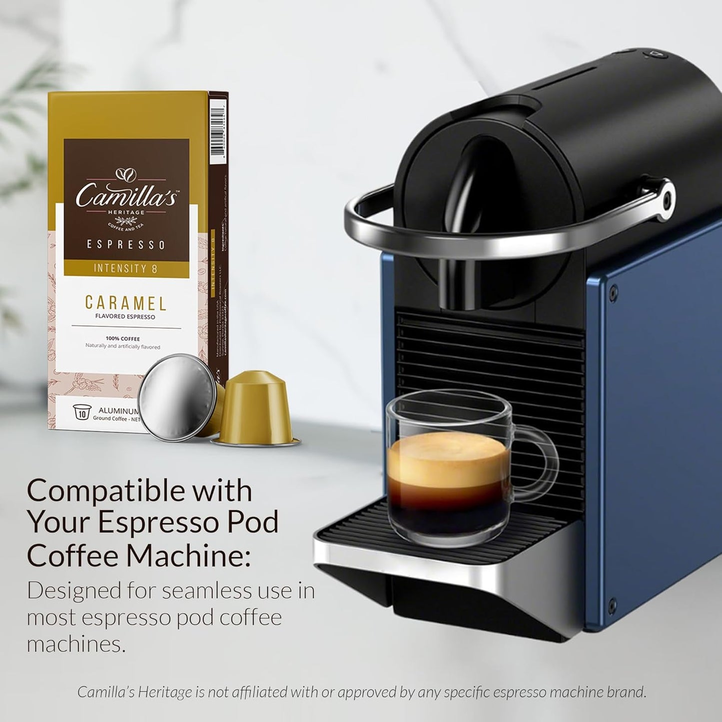 Camilla’s Heritage - Intensity 8 Caramel Flavored Espresso Coffee, Gourmet Espresso Cups, 60 Coffee Pods