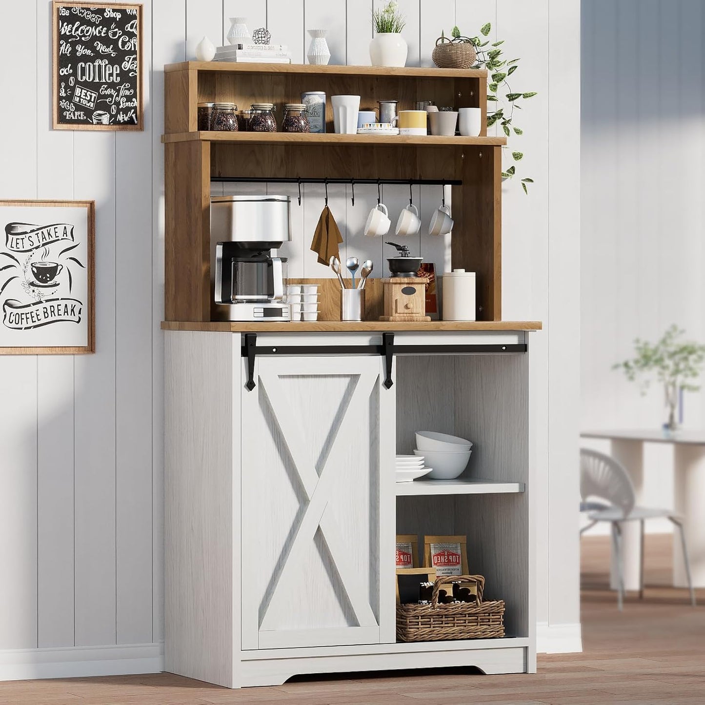 Farmhouse Coffee Station with 3 Tier Storage Hutch & 6 Hooks - 56 Inch Small Coffee Bar Table with Adjustable Shelves for Living/Dining Room