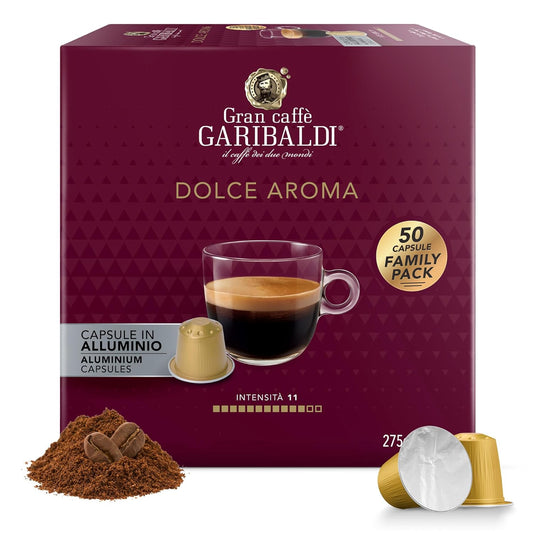 Gran Caffè Garibaldi Espresso Pods, Italian Roasted Coffee, Compatible Nespresso Original Line Machines, Nitrogen Flushed, Full-Bodied Crema, Almond & Dried Fruit - Dolce Aroma 50 Aluminum Cups