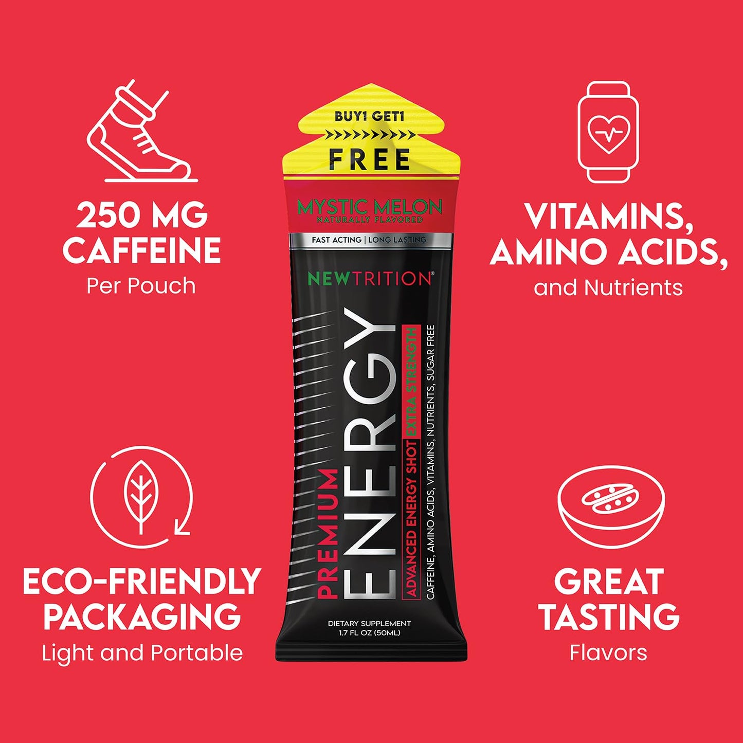 NewTrition® Extra Strength Energy Shots, 250mg Caffeine Energy Shots with Vitamin B & Amino Acids, Sugar-Free Vitamin Energy Shot, 1.7 fl oz (Pack of 24, Mystic Melon)