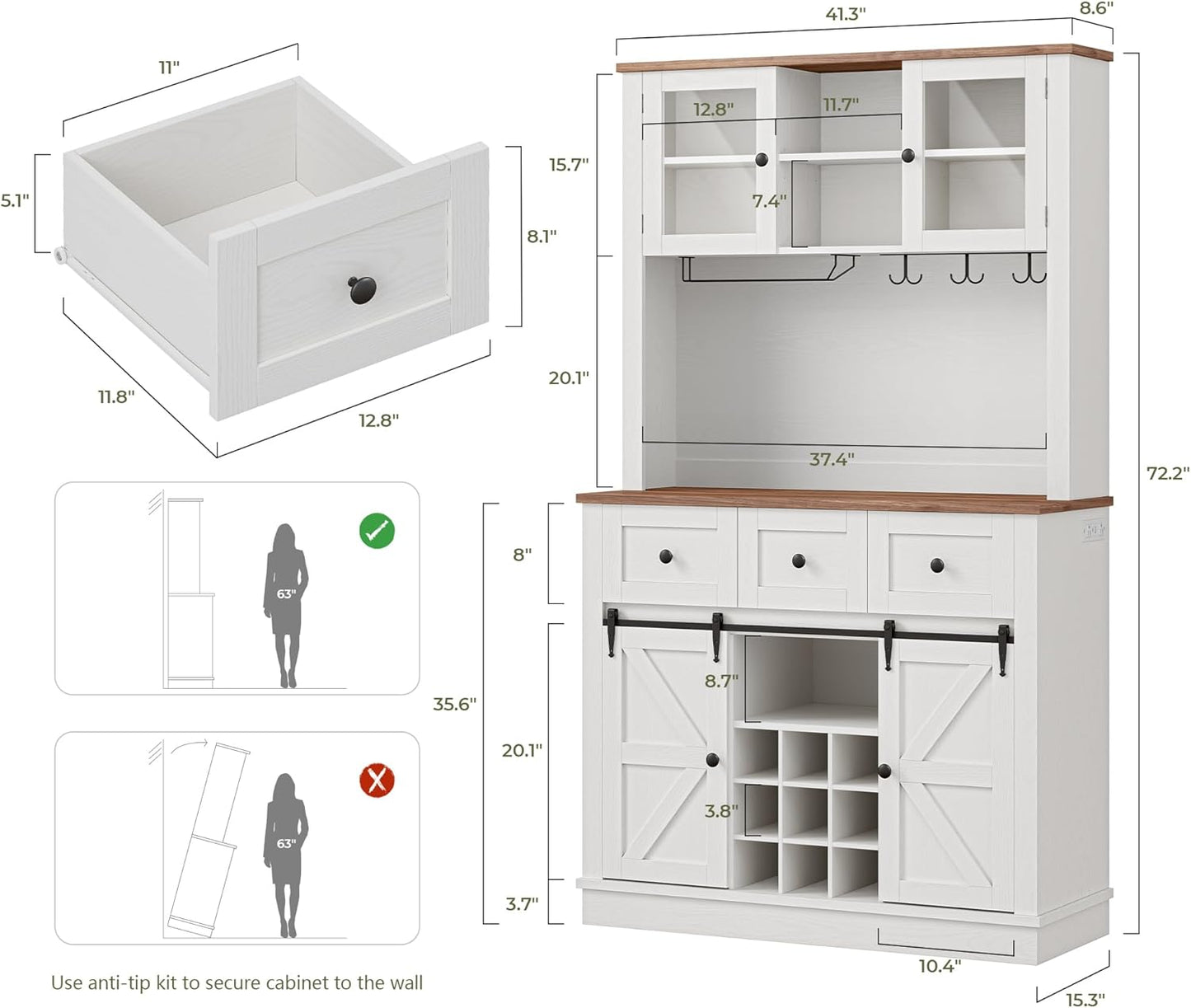IRONCK 72'' Coffee Bar Cabinet with Storage, Large Kitchen Hutch with Power Outlet & LED Light, Tall Bar Cabinets with 3 Drawers & Wine Glass Rack, Sliding Barn Door China Cabinet for Home, White