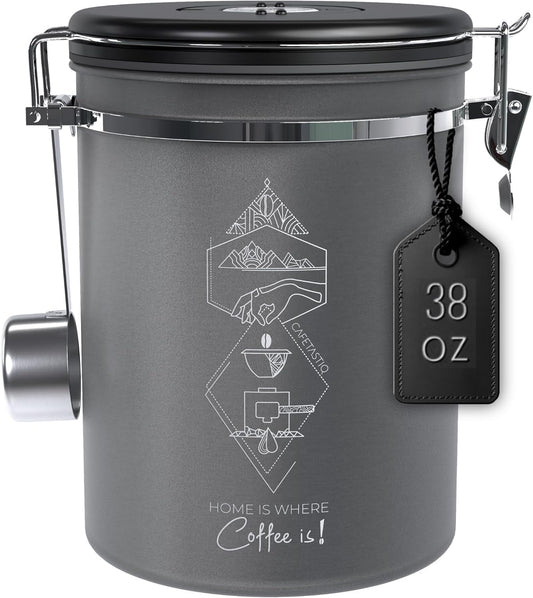 Large Coffee Canister – Airtight Stainless Steel Storage Container with Date Tracker & Scoop, Sealed Jar for Grounds, Beans, Tea, Flour, Cereal, and Sugar (Gray Home, 38OZ)