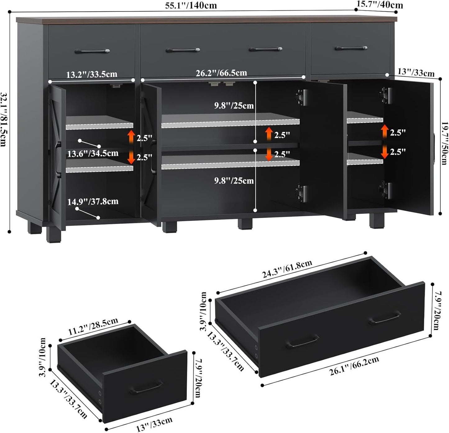 55" Sideboard Buffet Cabinet with Storage, Coffee Bar Cabinet with 3 Drawers and 4 Barn Doors, Long Storage Cabinet Modern Farmhouse, Black Wood, for Kitchen, Dining Room, Living Room