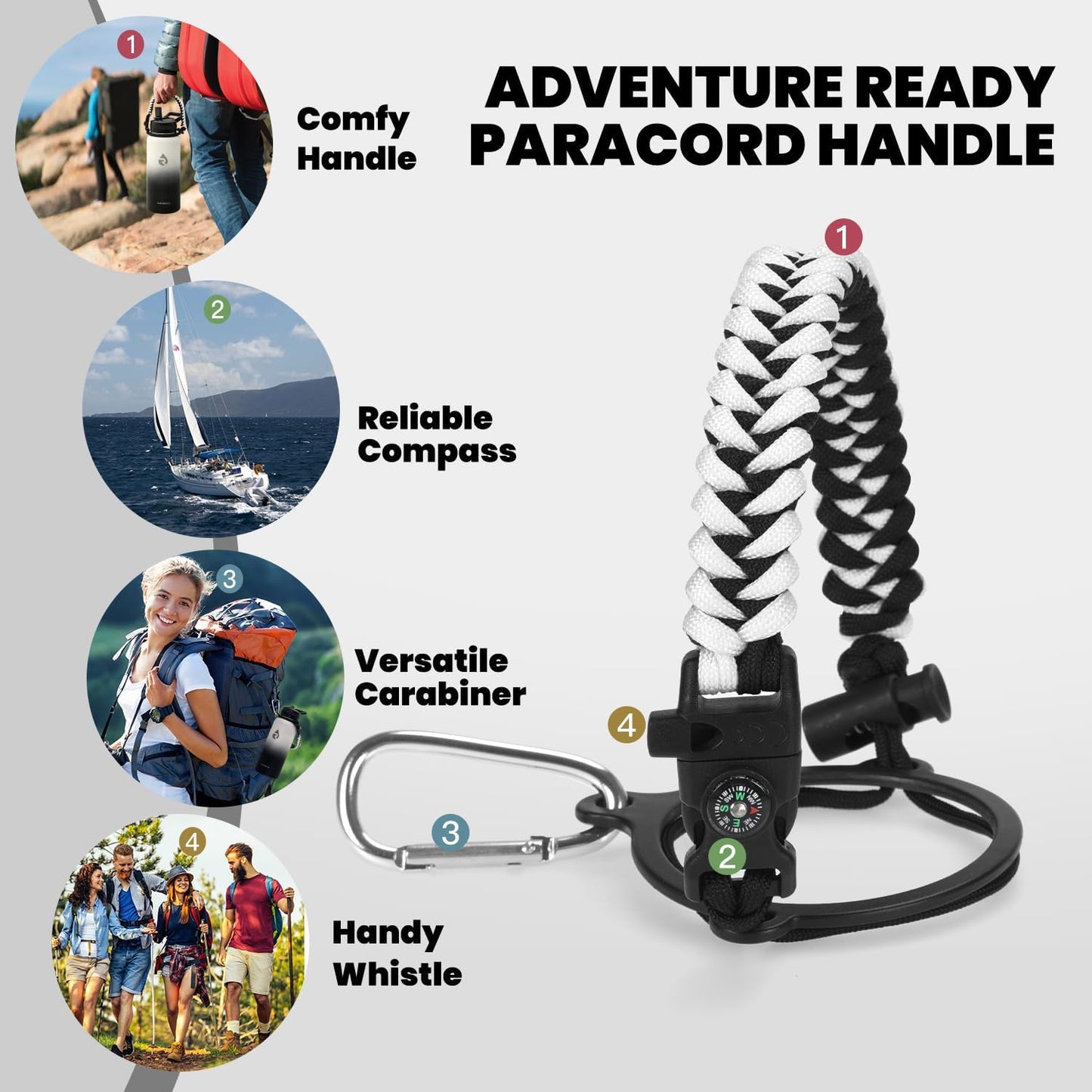 Insulated Water Bottle 32 oz, Triple Wall Vacuum Stainless Steel (Cold for 48 Hrs), Leak Proof & Non-BPA, Modern Water Flask Jug with Paracord Handle & Straw Spout Lids, Ombre: White/Black