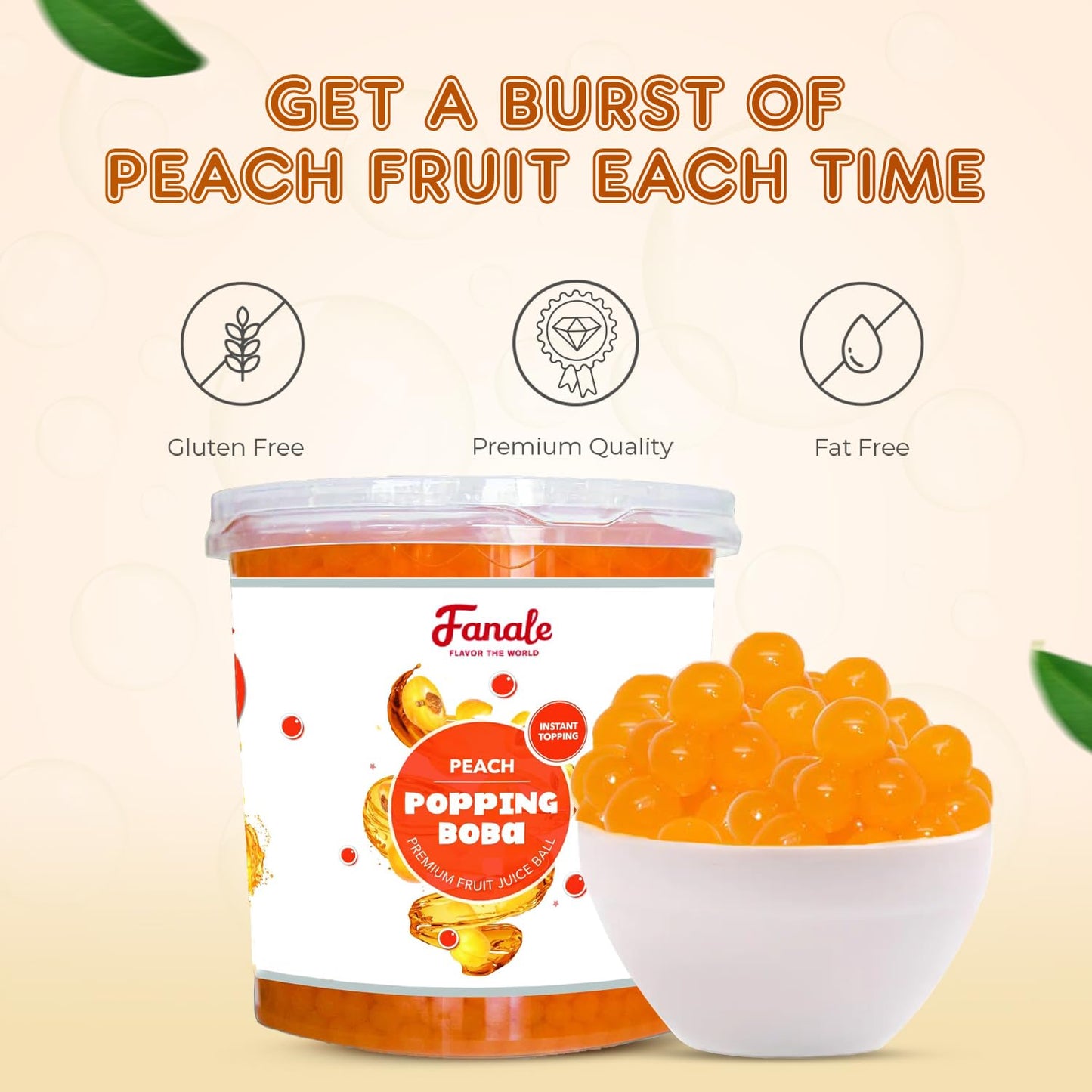 Fanale Peach Popping Boba Pearls, Vegan, Non GMO, Gluten Free, Fat Free, Perfect for Bubble Tea, Smoothies, Ice Cream, Desserts, and Beverages.