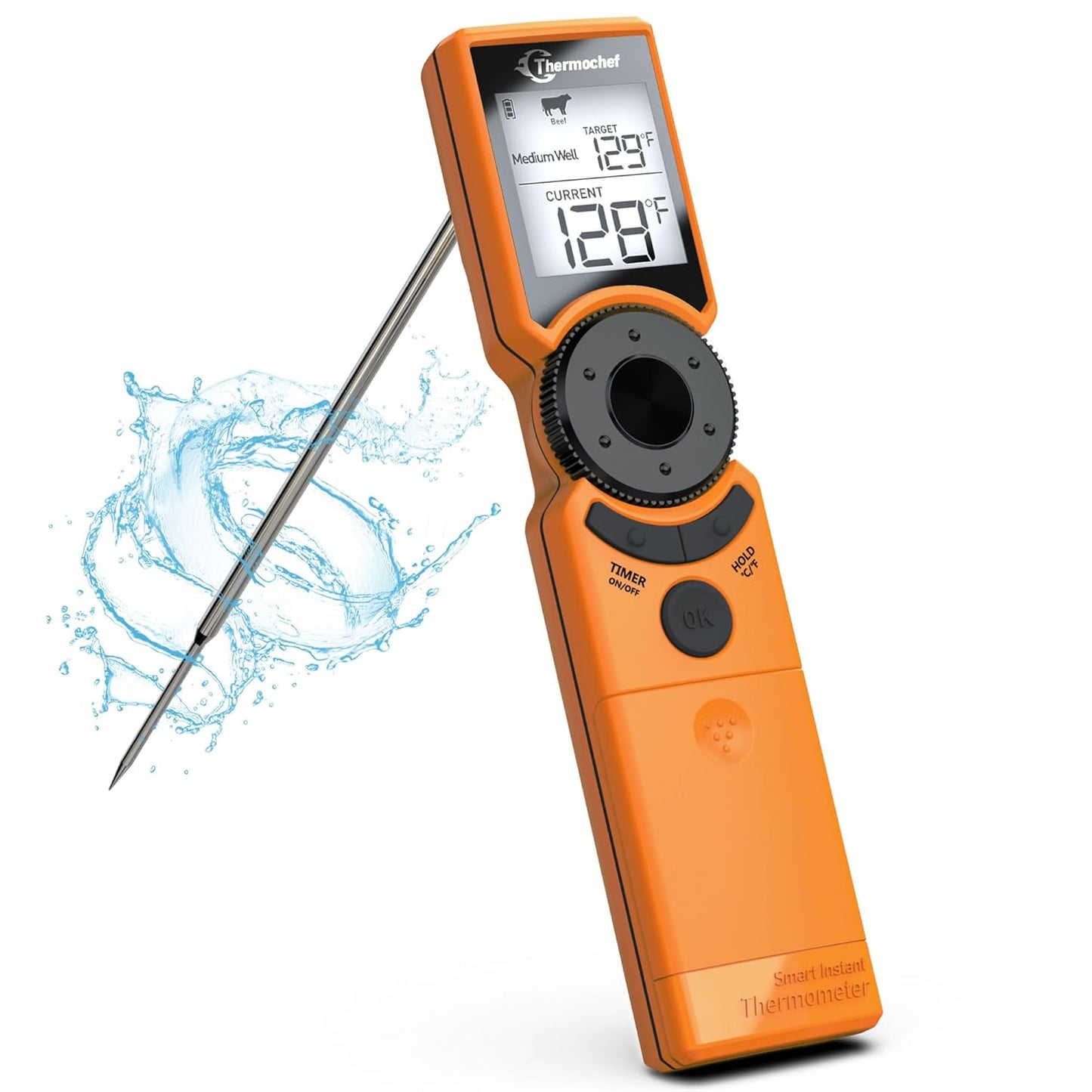Digital Meat Thermometer for Grill, Instant Read Food Thermometers for Cooking with Food Doneness Guide, Calibration and LCD Backlight Screen, High Accuracy ±1% ℉, BBQ Beef Candy Orange
