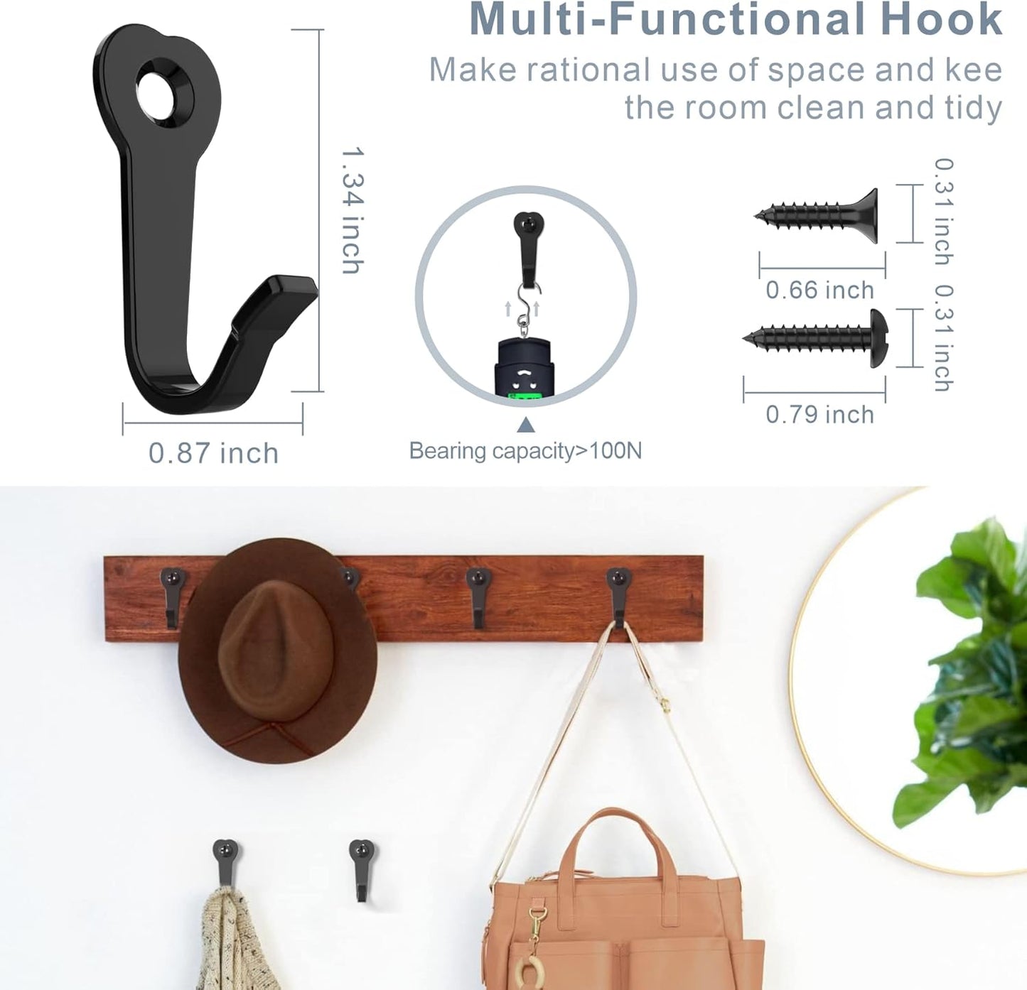 15 Utility Hooks Wall Mounted with 30 Screws - Black Heavy Duty Hooks for Coat, Robe, Bag, Key | Garage Entryway Hanging Organizer, Closet & Bathroom Hardware