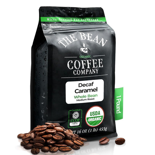 The Bean Organic Coffee Company Water Processed DECAF Caramel, Medium Roast, Whole Bean Coffee, 16-Ounce Bag