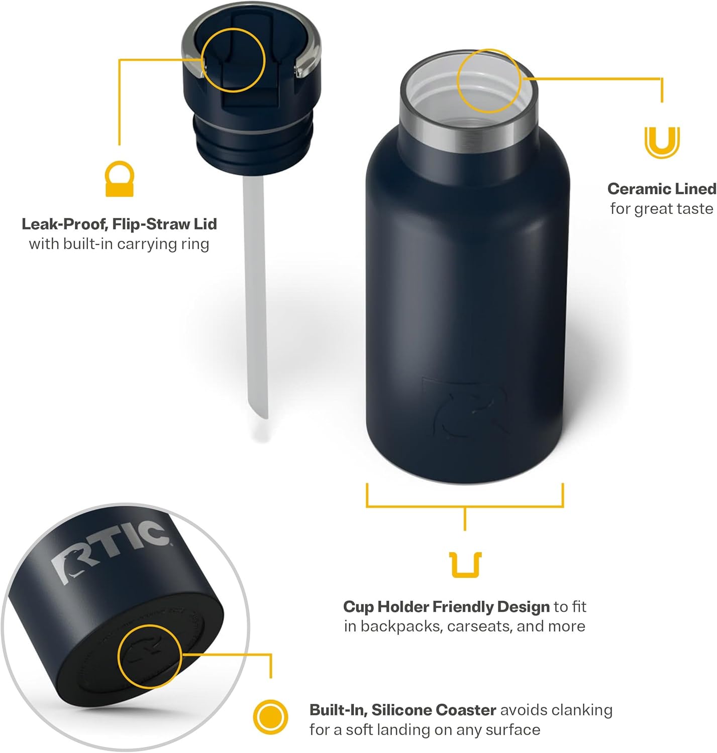 RTIC Little Journey Bottle with Straw, Insulated, Stainless Steel, Metal, Double Wall Vacuum-Insulation, Ceramic-Lined, Leak-Proof Lid, BPA-Free Water Flask for Sports, Travel, Navy