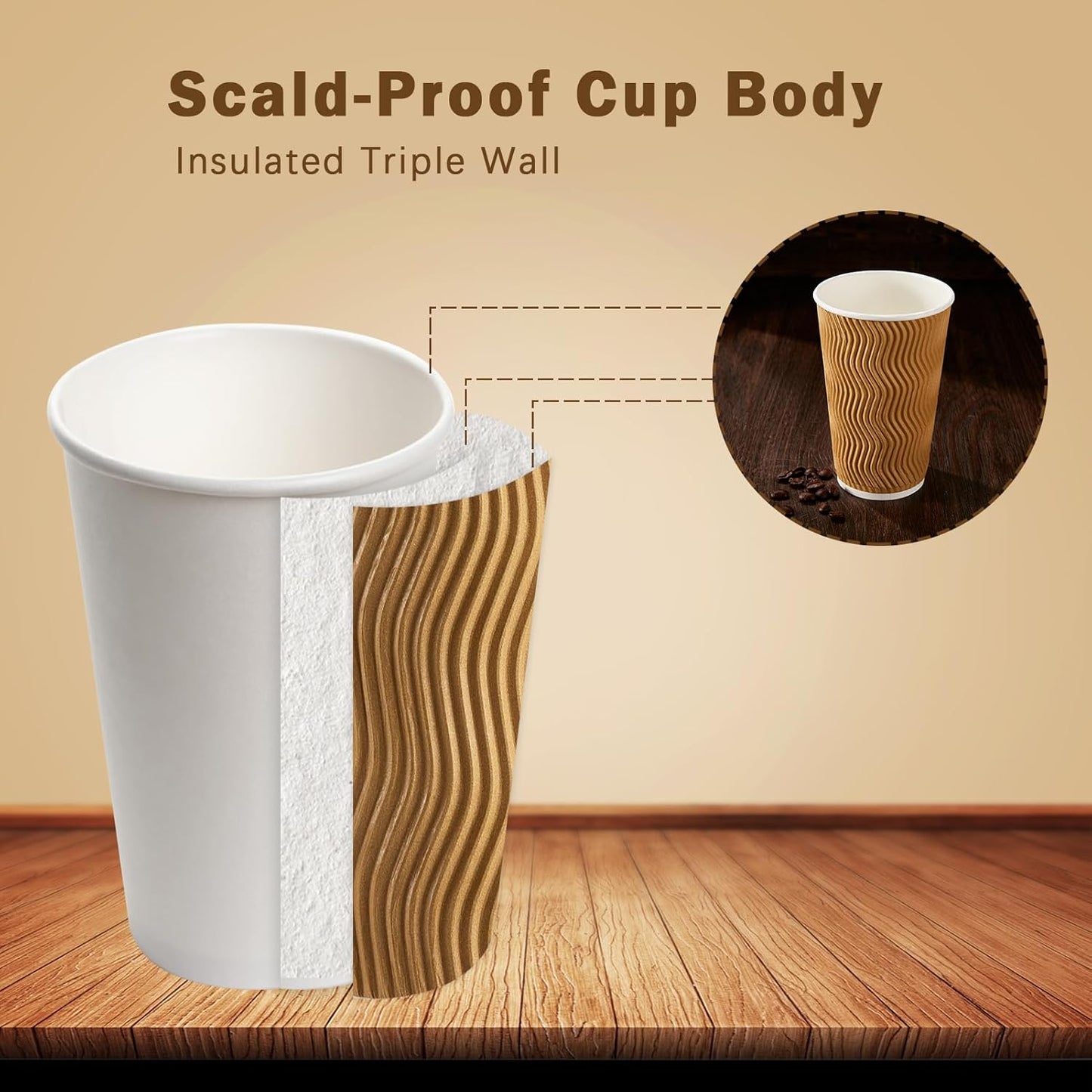 90 Pack 16 oz Disposable Coffee Cups No Lids, Champagne Insulated Ripple Wall Paper Coffee Cups 16oz, Kraft Corrugated Beverage Paper Cups for Hot Chocolate, Home, Travel, Office, Tea