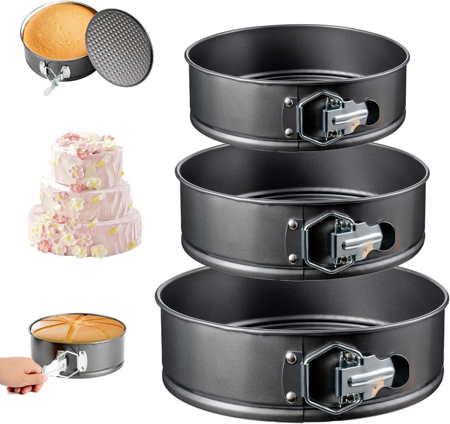 Springform Cake Pan Set – 3 Piece Nonstick 7, 8, 9 Inch Round Cheesecake Pans for Baking, Leakproof Cake Molds for Mousse, Birthday Layer Cakes, Quiche, Pizza & More