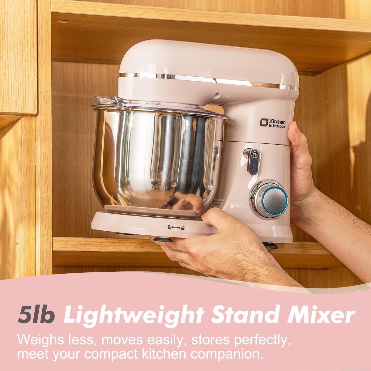 Kitchen in the Box Stand Mixer, 3.5 QT Small Electric Kitchen Mixer, 10-Speed Portable Lightweight Food Mixer with Stainless Steel Bowl, Egg Whisk, Dough Hook, Beater (Light Pink)