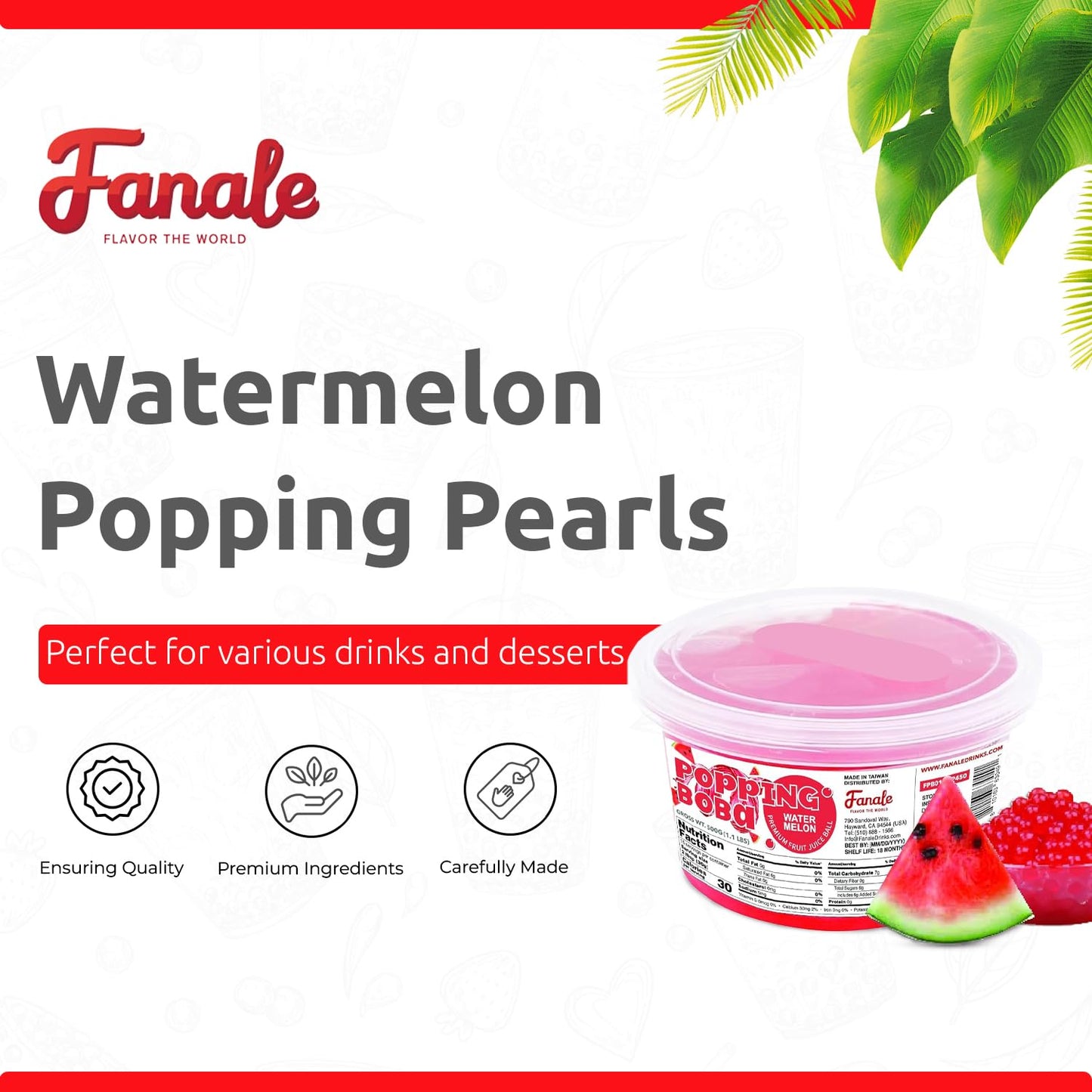 Fanale Watermelon Popping Boba Pearls, Vegan, Non GMO, Gluten Free, Fat Free, Perfect for Bubble Tea, Smoothies, Ice Cream, Desserts, and Beverages.