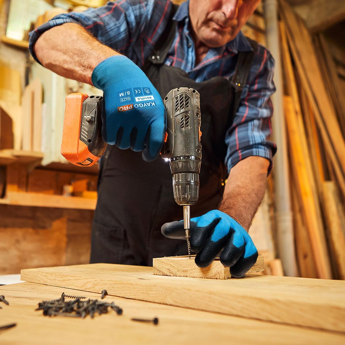 KAYGO Safety Work Gloves PU Coated for Men and Women- KG11PB,12 Pairs,Seamless Knit Glove with Two Fingers Touchscreen,Ideal for General Duty Work (Blue,XL)