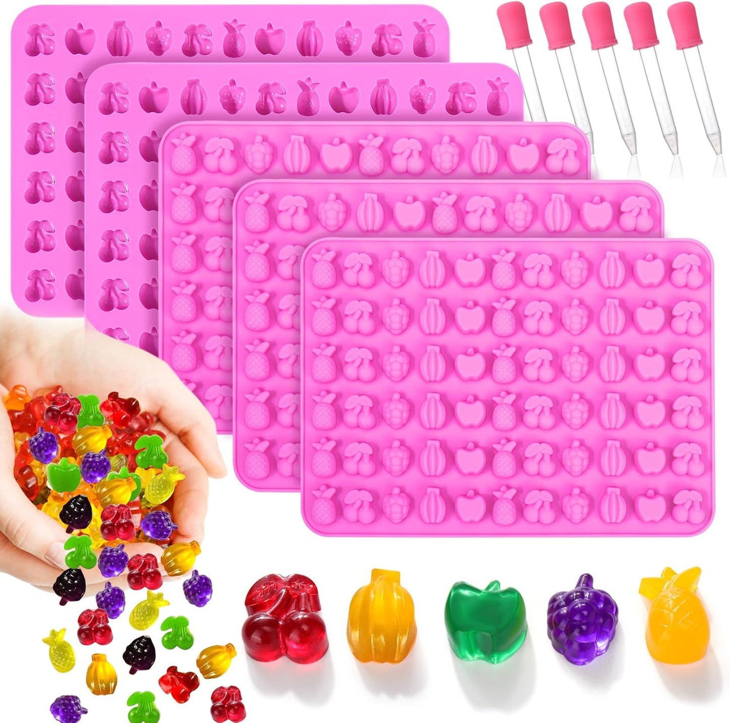 Mity rain 5pcs Fruit Snack Molds Silicone Bpa Free, Gummy Candy Molds Chocolate Molds With 5pcs Dropper For Kids, Including Mini Pineapple, Banana, Cherry, Apple, Grape Shape