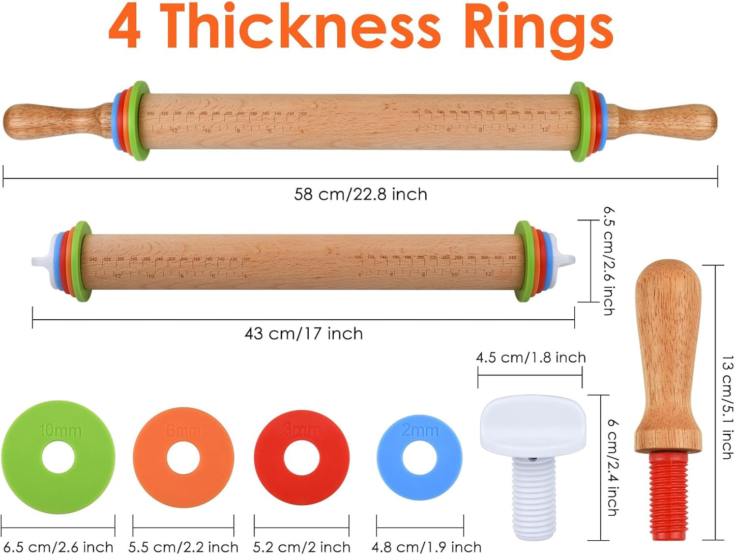 Rolling Pin with 4 Adjustable Thickness Rings and Long Handle 13.6 Inch Wooden Dough Roller for Baking, Dough, Cookie, Cake, Fondant, Pizza and Pie Crust