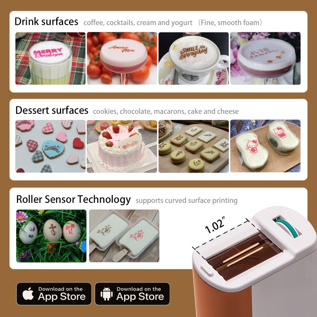 Handheld Food PrintPen Portable Mini Coffee PrintPen Latte Art Macaron Cookie DIY Design Print Pen, Christmas Gifts Bluetooth 4.2 - Brown, Red and Black 3PCS Colors