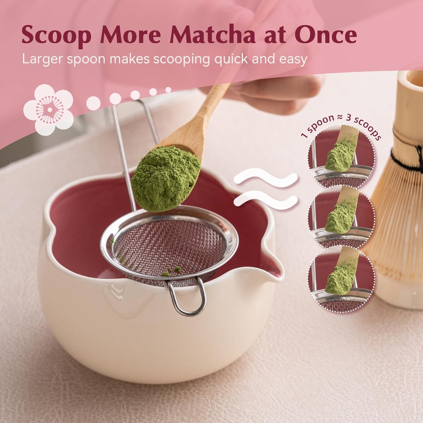 Matcha Whisk Set, 8Pcs Floral Ceramic Matcha Set with Matcha Whisk, Holder, Scoop, Scoop Rest, Sifter, Spoon and Tea Towel - Thoughtful Matcha Whisk Gift for Matcha Lovers (Beige & Pink)