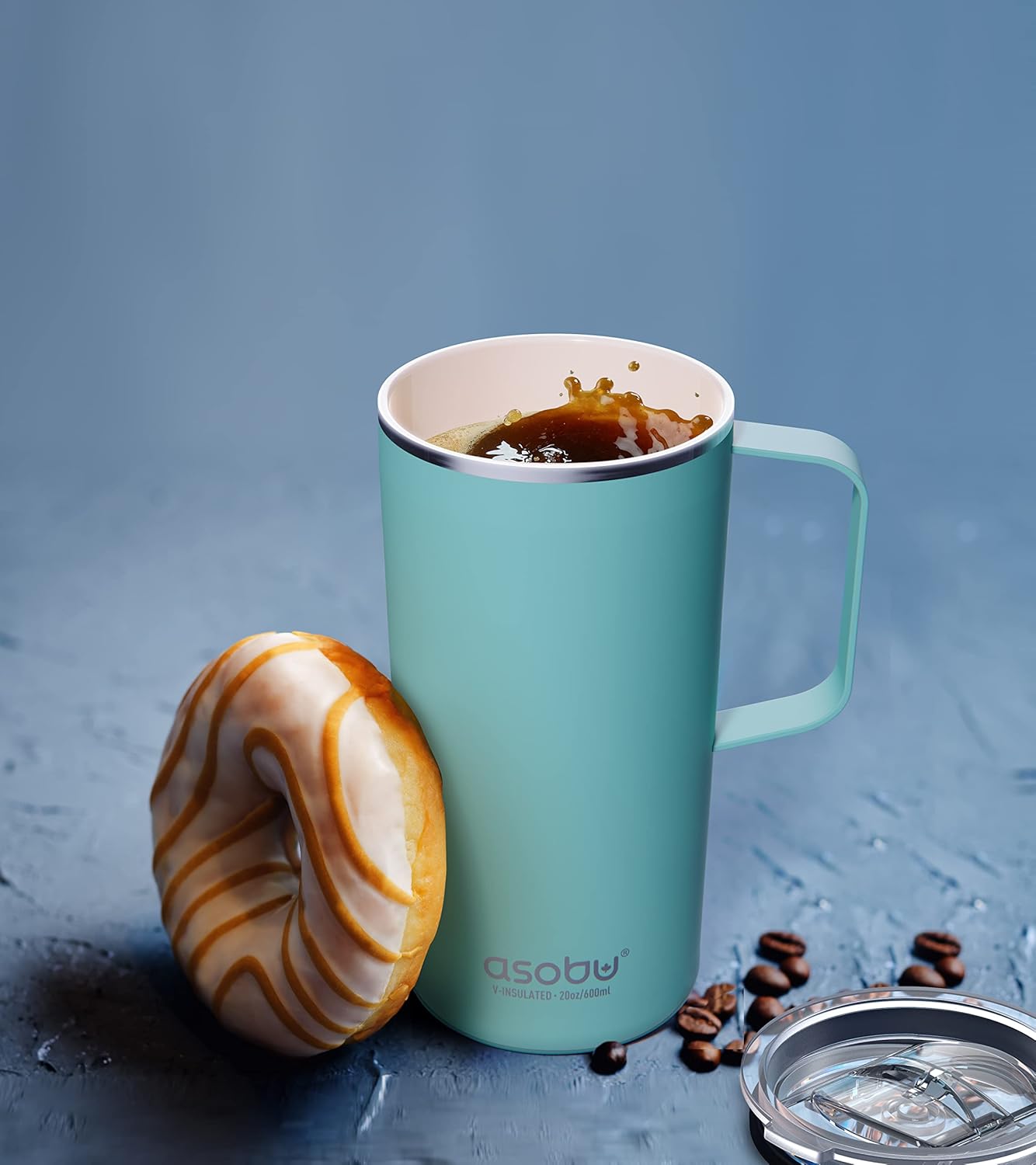 asobu Tower Mug Ceramic Inner Coated Insulated Stainless Steel Cup for Pure Tasting Coffee with Easy Hold Handle and Tritan Lid Fits Standard Cup Holders 20 Ounce Travel Mug (Mint)