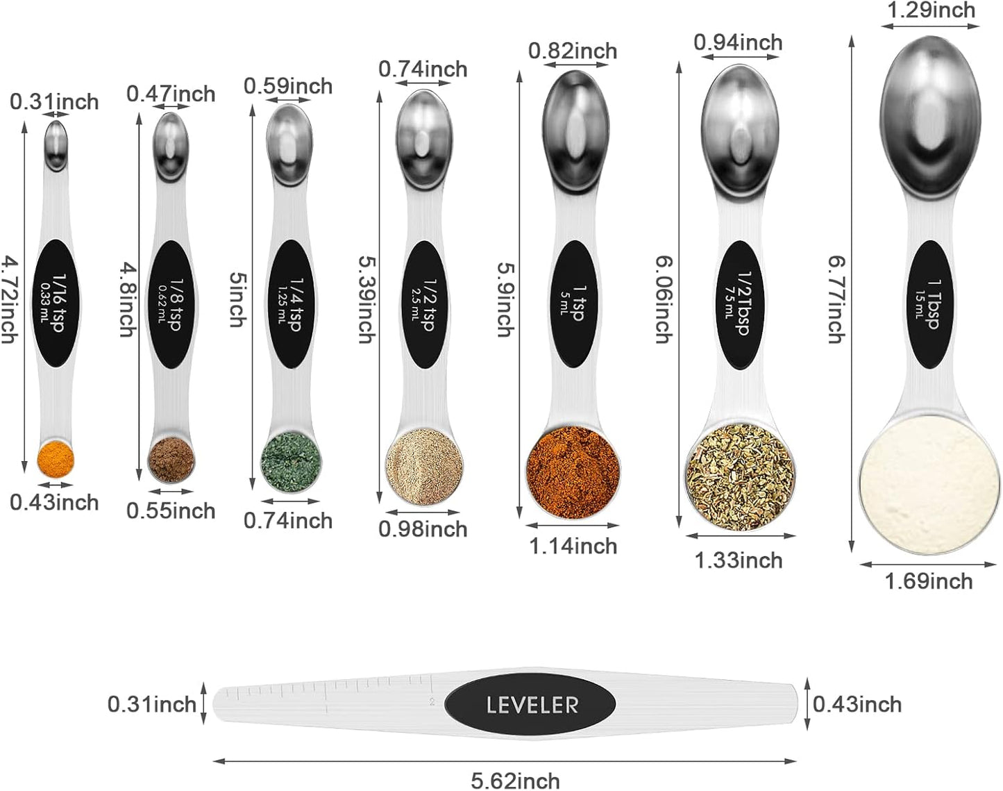 Aovchei 8 PCS Magnetic Measuring Spoons Set, Dual Sided, Stainless Steel Small Tablespoon, Teaspoons, Fits in Spice Jars, for Dry and Liquid, Black