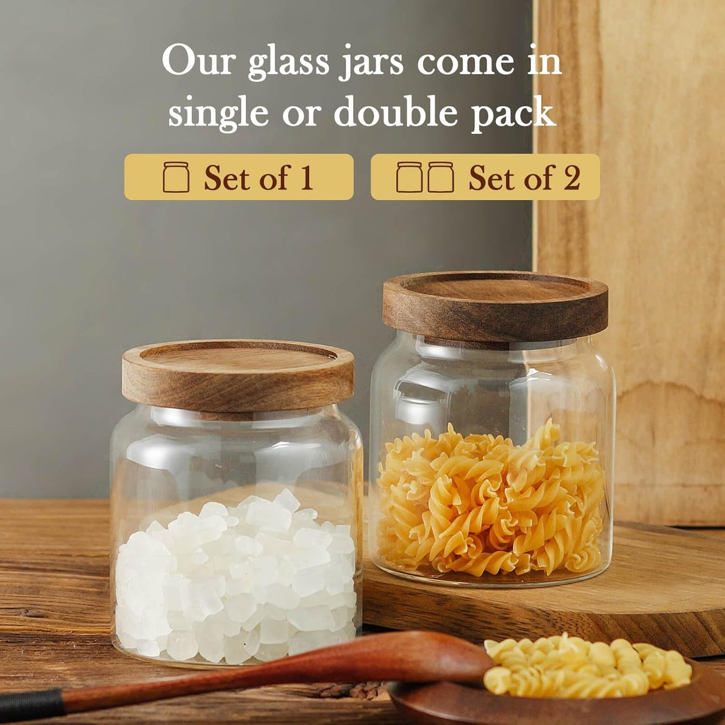 Labina Glass Storage Container Airtight Food Jars Kitchen Canister with Wood Lids, 20 Oz Wide Mouth Pantry Organization Glass Jar for Flour, Sugar, Cookie, Spagetti, Nuts and Candy (3 Pack)