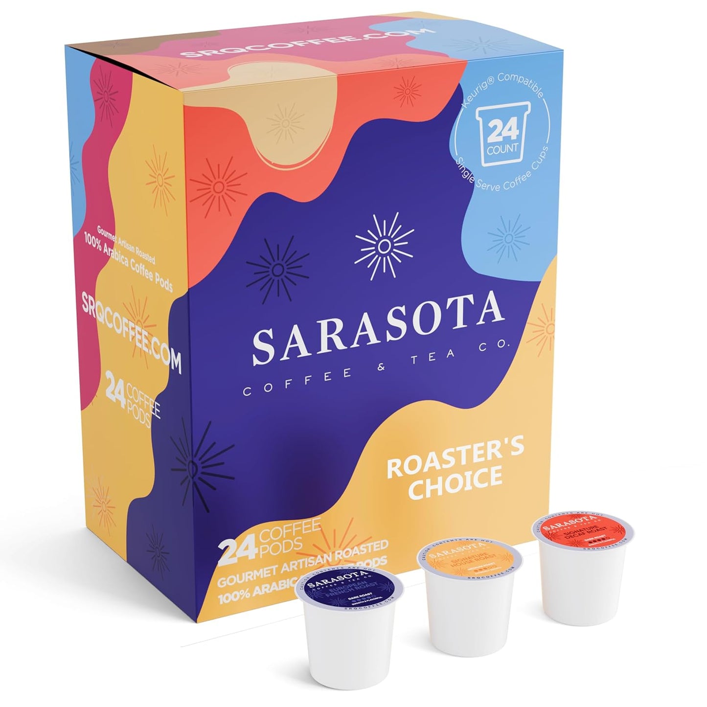 Sarasota K-Cup Coffee Pods | Medium, Dark, & Decaf Roast Coffee | K Cup Variety Pack | Single Serve for Keurig Brewers | Gourmet, Low Acid, Mold Free | 24 Count