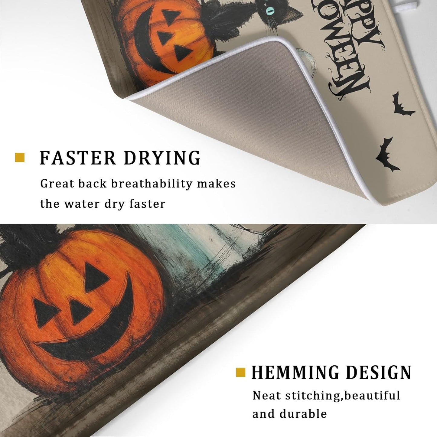 Happy Halloween Black Cat Ghost Dish Drying Mat for Kitchen Counter,Halloween Pumpkin Spiderweb Bat Drying Mat 18 x 24 Inch with High Absorbent Microfiber Drainer Mat for Coffee Bar