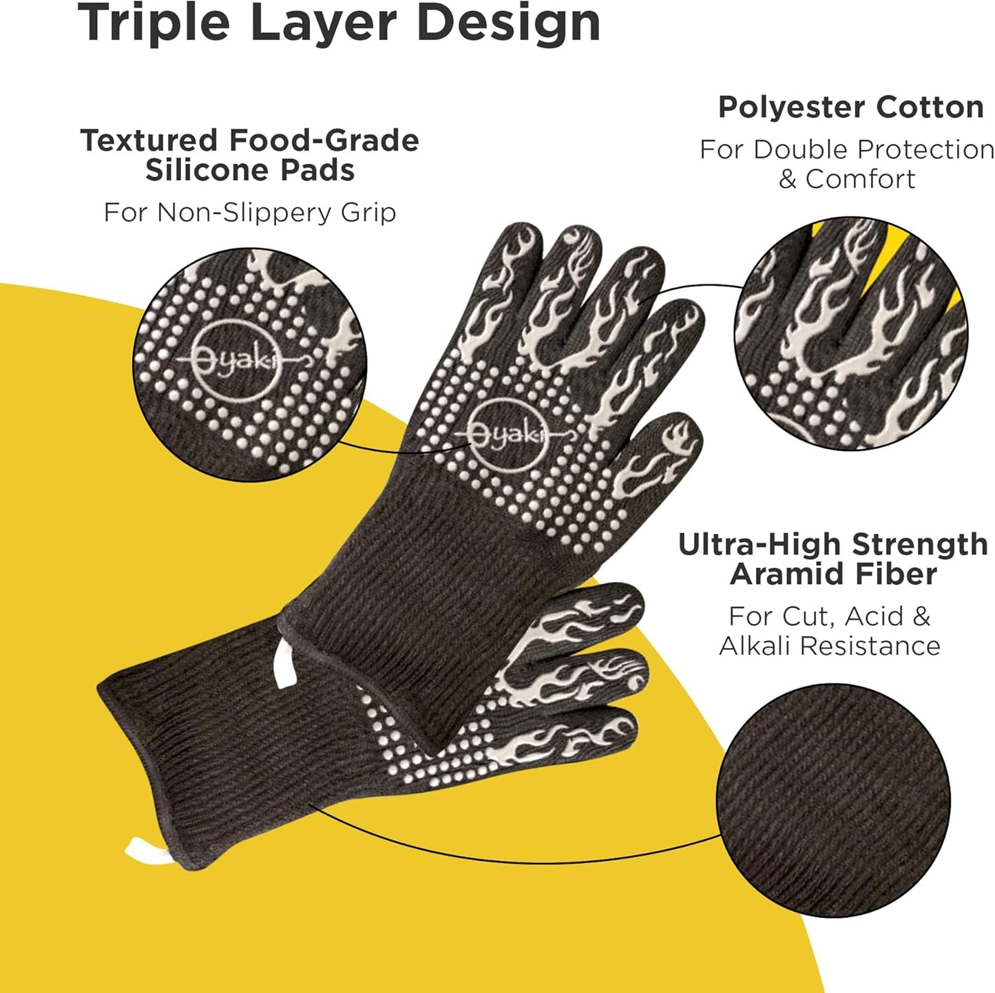 Insulated BBQ Heat Resistant Gloves - Neoprene & Polyester Barbecue Grilling Gloves with Silicone Pads for Gas Grill & Charcoal Grills Outdoor Cooking - 1400°F High Heat Fire BBQ Mittens by O-Yaki