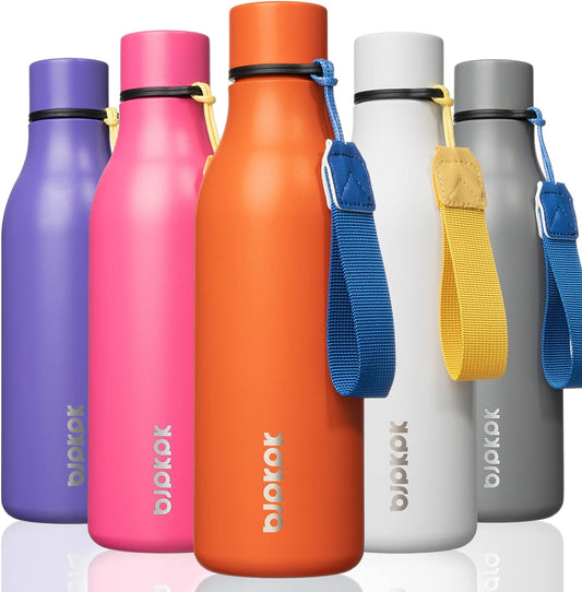 BJPKPK Insulated Water Bottles, 18 oz Stainless Steel Metal Water Bottle with Strap, BPA Free Leak Proof Thermos, Mugs, Flasks, Reusable Water Bottle for Sports & Travel, Orange