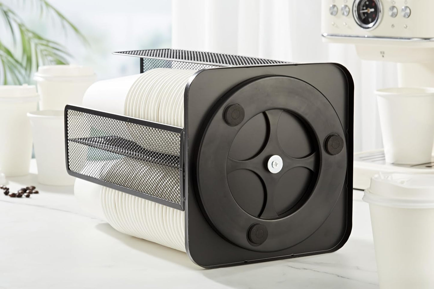 Annova Paper/Plastic Cup and Lid Holder Plastic Storage Organizer, 360°Rotating Coffee Mup Dispenser with 4 Compartments, Multifunctional Storage Rack for Home, Office, Bar, Coffee Shop (Black)