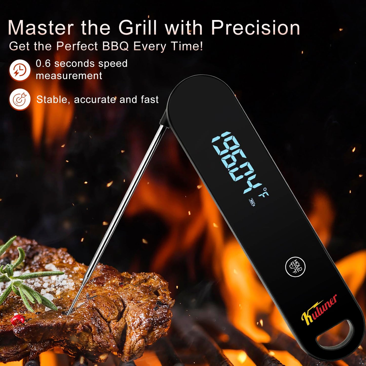 The Latest Thermocouple Instant Reading Meat Thermometer Digital,Faster Less Than 0.6 Second Response,IP67 Waterproof Thermometer Suitable for Grilling, Cooking,BBQ Gifts for Men (Black)