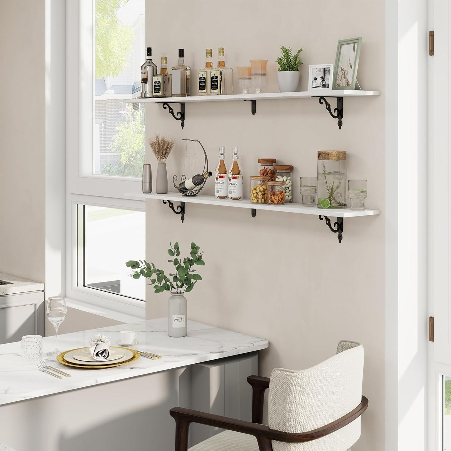 RICHFOCUS Floating Shelves for Wall Decor, 55.1W x 8D Shelves Set of 2, 8 Inch Deep Rustic Wood Shelves Wall Mounted with Brackets, Long Floating Shelves for Living Room Bedroom Kitchen, White