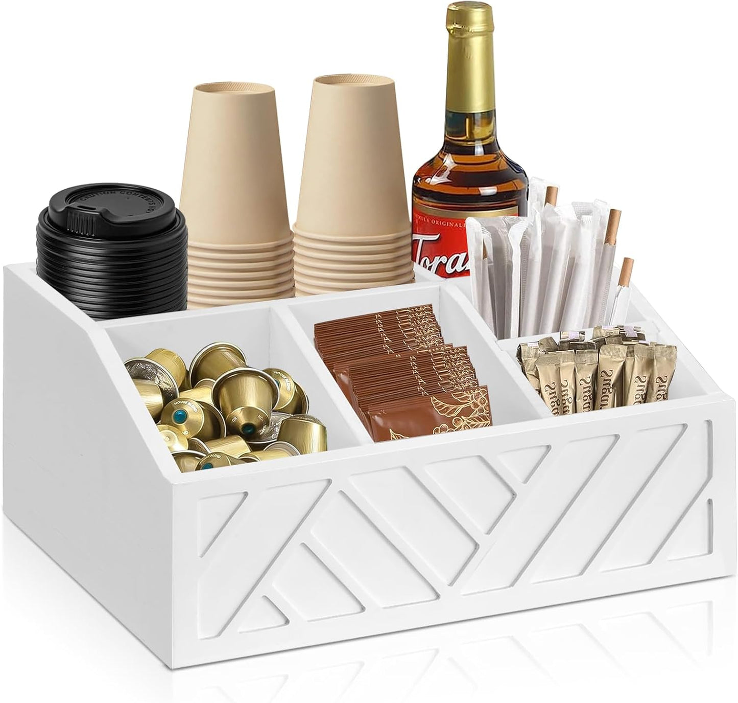 Wood Coffee Station Accessories - Coffee Bar Decor Organizer, Pod Syrup Holder, Condiment Organizer for Countertop (White)