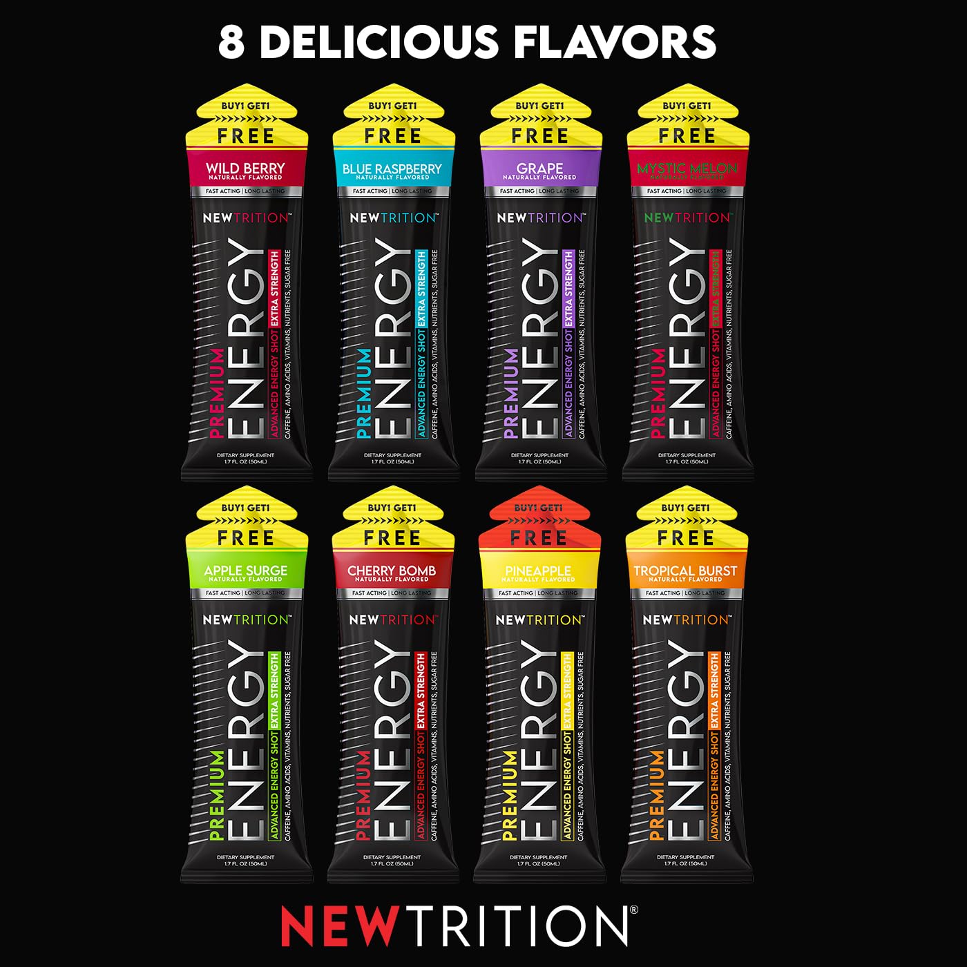 NewTrition® Extra Strength Energy Shots, 250mg Caffeine Energy Shots with Vitamin B & Amino Acids, Sugar-Free Vitamin Energy Shot, 1.7 fl oz (Pack of 24, Cherry Bomb)