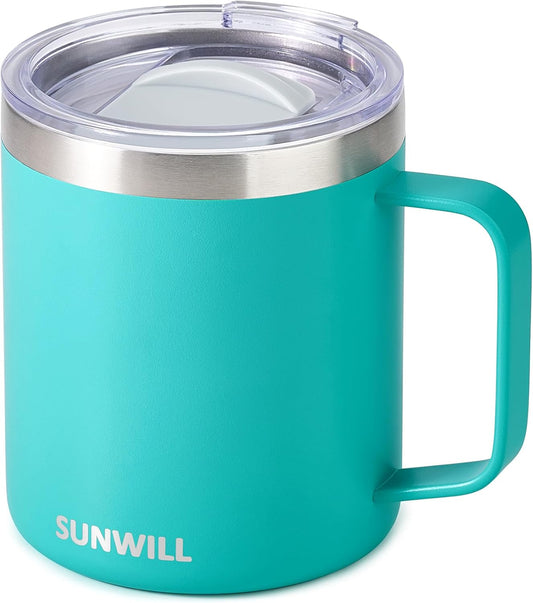 SUNWILL Insulated Coffee Mug with Lid, Travel Tumbler with Handle, 14 oz Stainless Steel Cup for Camping, Office, Home, Powder Coated Teal