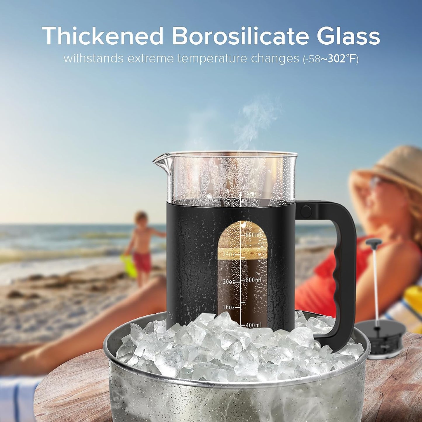 QUQIYSO French Press Coffee Maker, 304 Stainless Steel French Press with 4 Filter, Heat Resistant Borosilicate Glass, Easy to Clean, BPA Free Coffee Press Rust-Free Coffee Maker, 34 ounce, Black