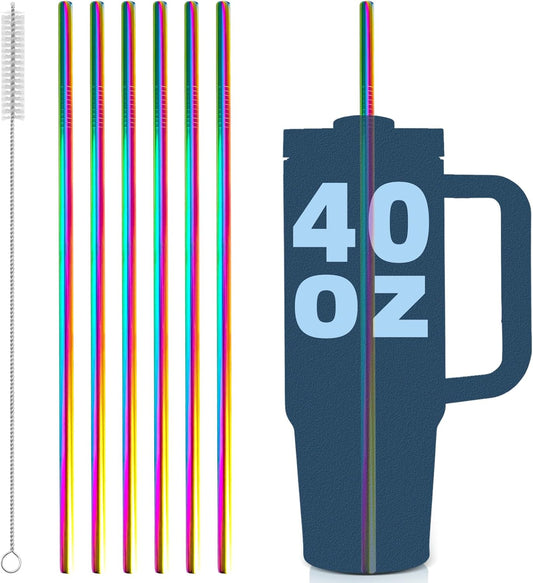 for Stanley Quencher 40oz Tumbler 6x Metal Stainless Steel Straws, 12inch Replacement Extra Long/Tall Straws for Stanley Cup 40oz Drinking Reusable Accessories (6x Straight, Colorful)