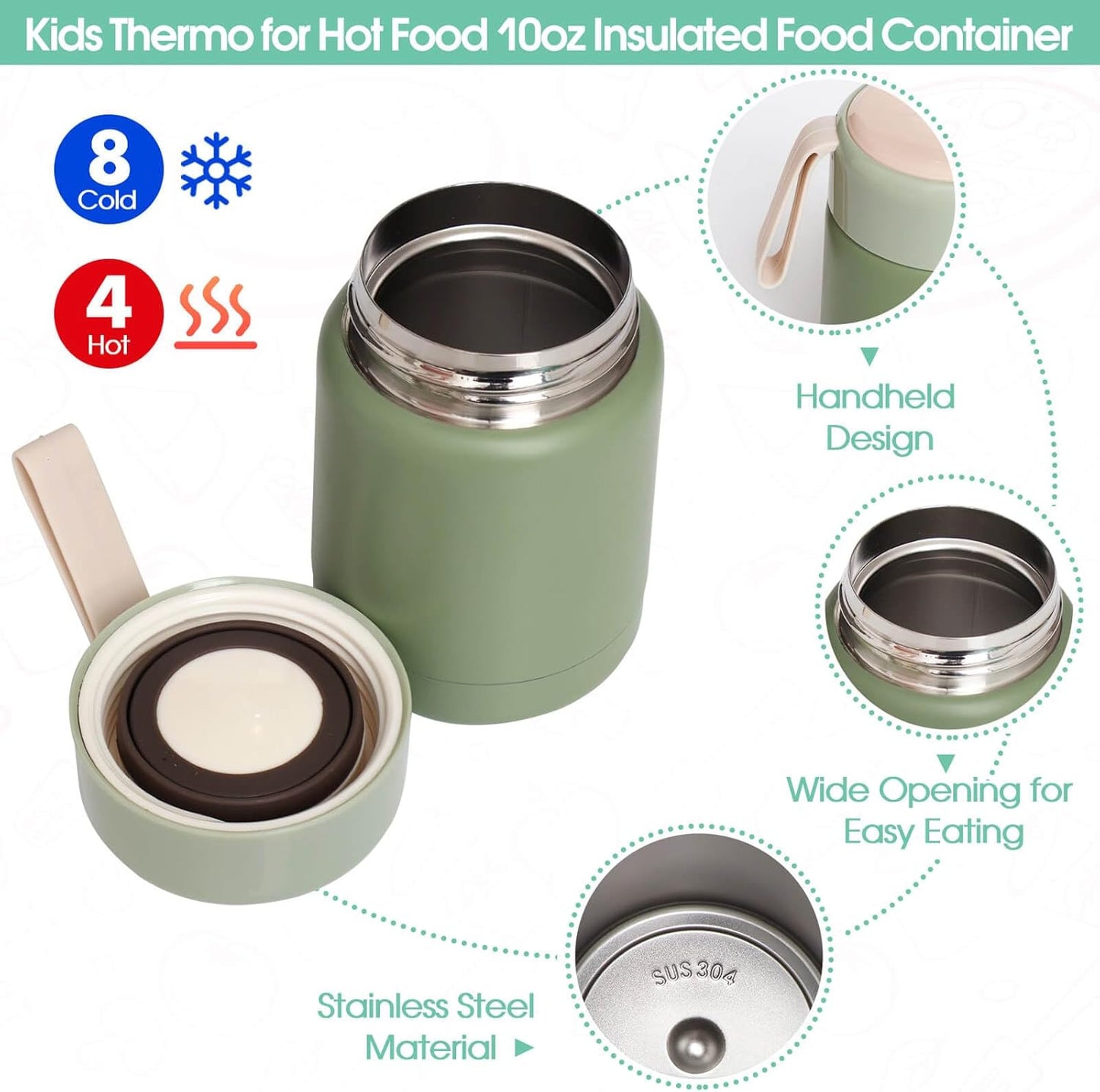 Girl Lunch Bag with 6 Compartment Bento Box with 10oz Thermo- Preppy Green Nylon Insulated Lunch Box Adjustable Strap, Birthday Gift For Girl Kids Teens Travel Picnic School