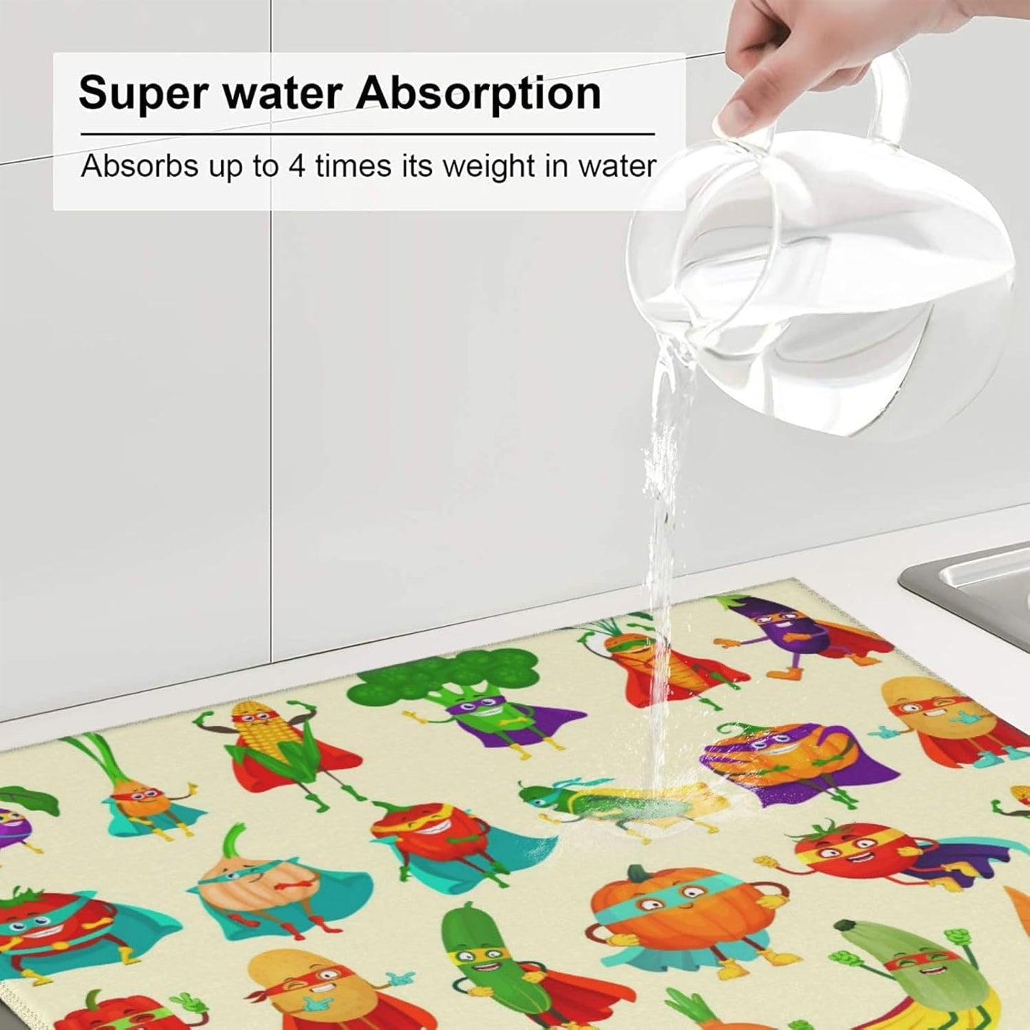 Vegetable Superhero Cartoon Dish Drying Mats for Kitchen Counter, Absorbent Microfiber Cute Drying Pad for Dishes, Decorative Kids Kitchen Mat for Sink, Dishes Utensils, Dining Area, 16" x 18"
