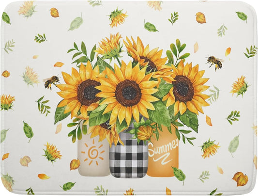 Giwawa Sunflower Vases Dish Drying Mat for Countertop, 18"x24" Summer Bee Floral Mason Jar Dish Drainer Mats, Fast Dry Microfiber Reversible Large Dish Drying Pad Kitchen Decoration