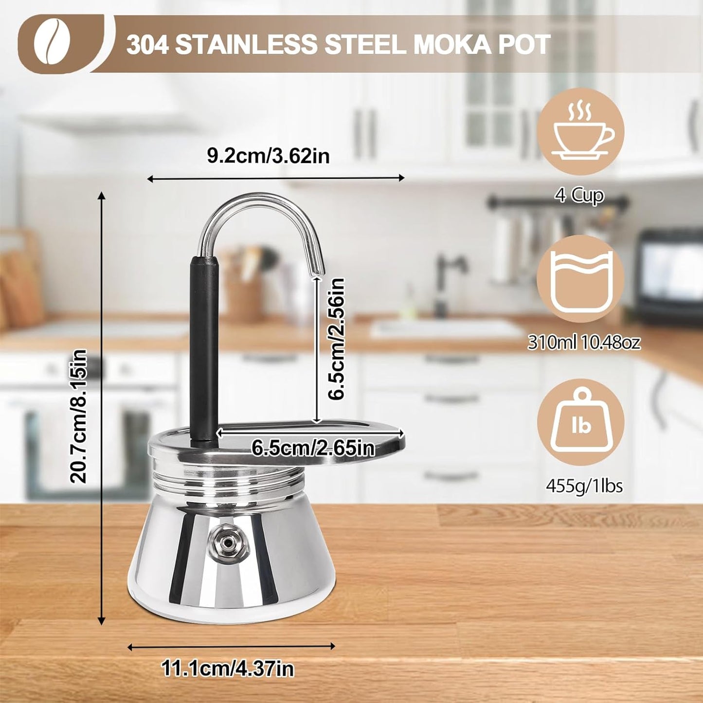 Uncoated 4 Cup Single Tube Moka Pot 304 Thickened Stainless Steel Mini Coffee Maker Stovetop Espresso Coffeemaker Italian Classic Style Brewing Greca Cafe Mocha Machine for Camping Travel Home 310ml